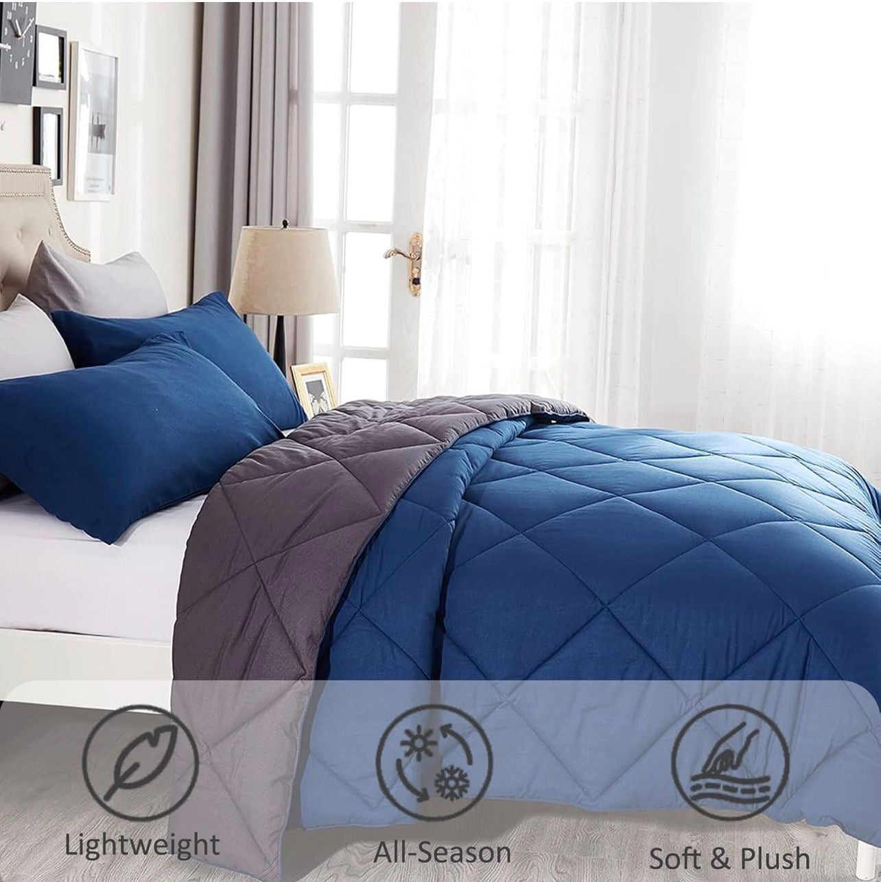 King Comforter Set Blue - 3 Pieces Luxury Soft and Lightweight Down Alternative Bedding Set Fluffy Blanket Quilt for All Season 1 Comforter(90"×104") & 2 Pillow Shams(20"×36")