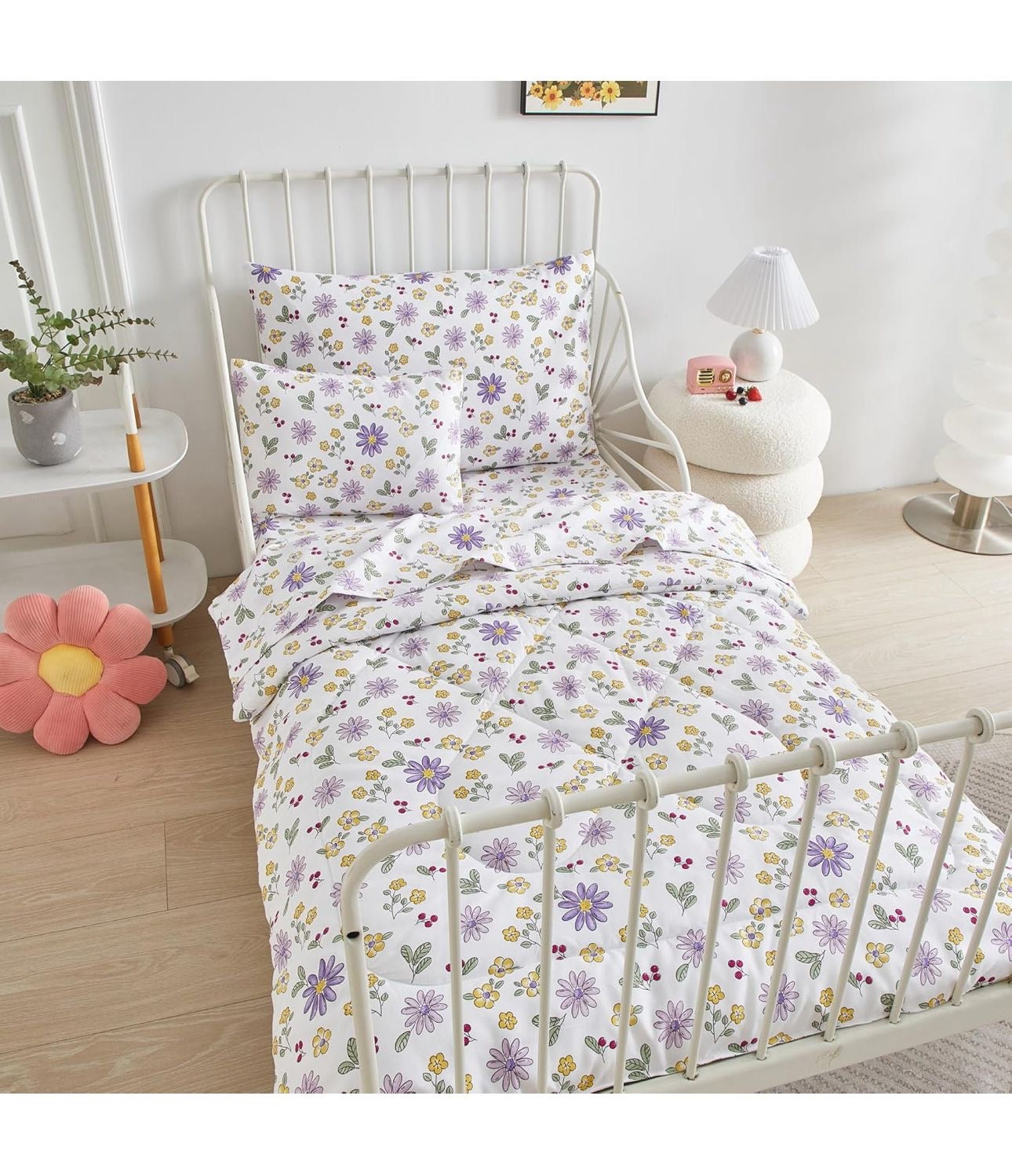 Purple Memory 5pcs Toddler Comforter Set Purple Flowers Bedding Set for Girls Toddler Bed Sheet Set in a Bag Kids Crib Bed Set,1 Quilt Comforter,1 Flat Sheet,1 Fitted Sheet and 2 Pillowcase