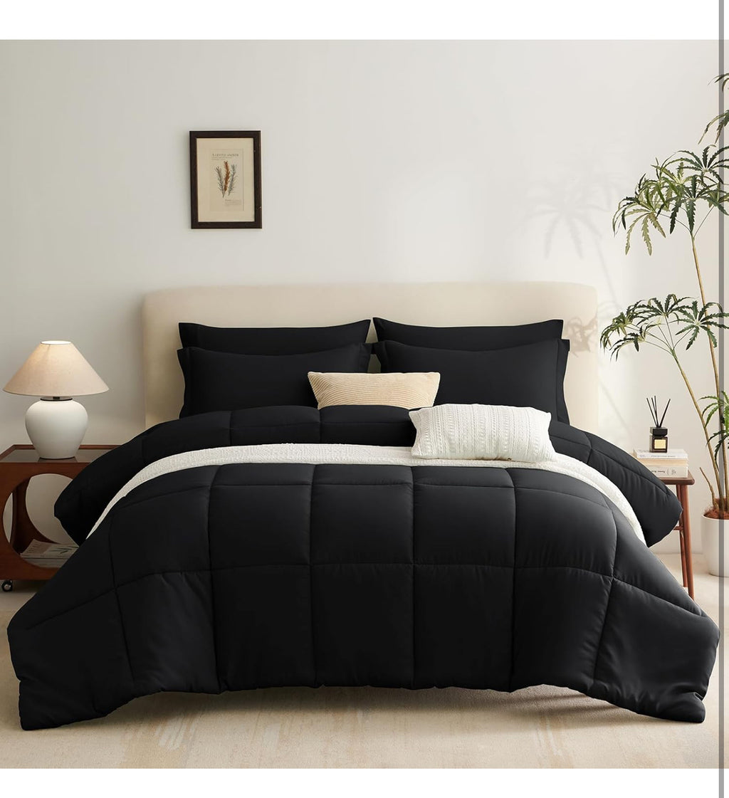 Black Queen Comforter Set - 7 Pieces Bed in a Bag Beige Comforters Queen Size Bed Set, Soft Bedding Set with All Seasons Comforter, Sheets, Pillowcases & Shams