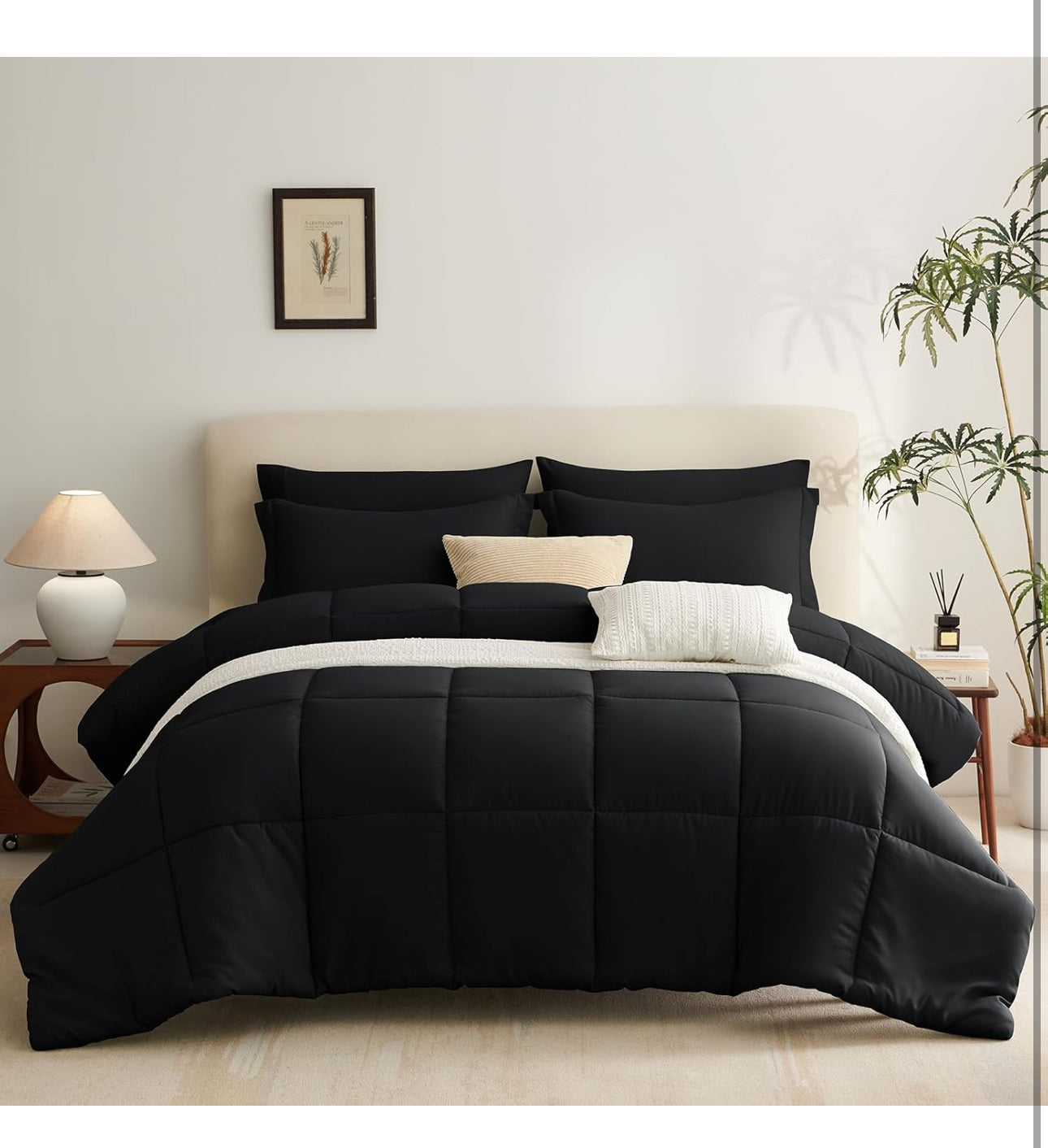 Black Queen Comforter Set - 7 Pieces Bed in a Bag Beige Comforters Queen Size Bed Set, Soft Bedding Set with All Seasons Comforter, Sheets, Pillowcases & Shams