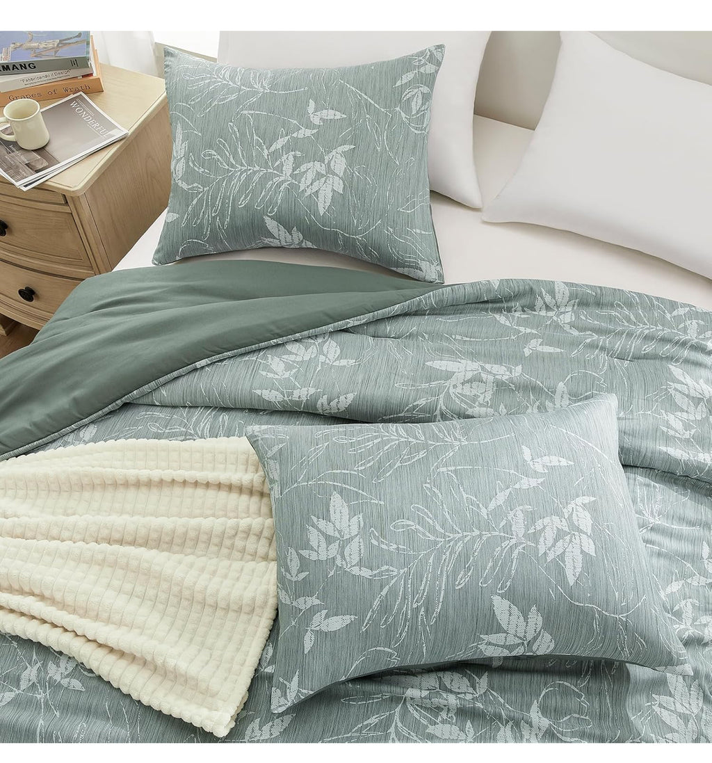 Queen Comforter Set - 3 Pieces Dark Green Bedding Comforter Sets, Queen Botanical Flower Comforter, 1 Soft Reversible Floral Comforter and 2 Pillow Shams for All Seasons
