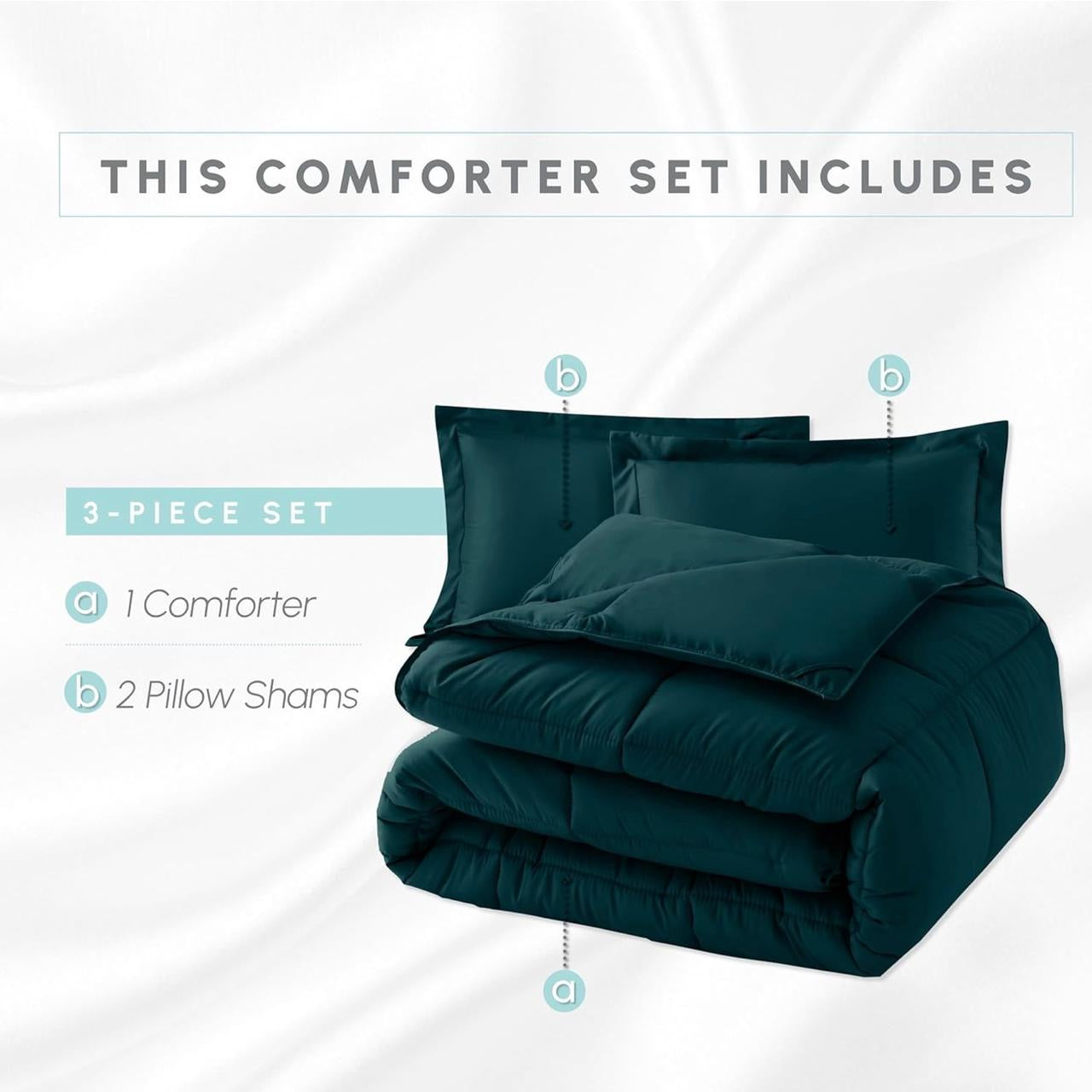 Elegant Comfort 3-Piece Box Stitched Down Alternative Comforter with Shams - Ultra Soft for All Season Duvet Insert with Corner Tabs, Plush Cozy 3PC Comforter Set, Oversize King, Marine Teal