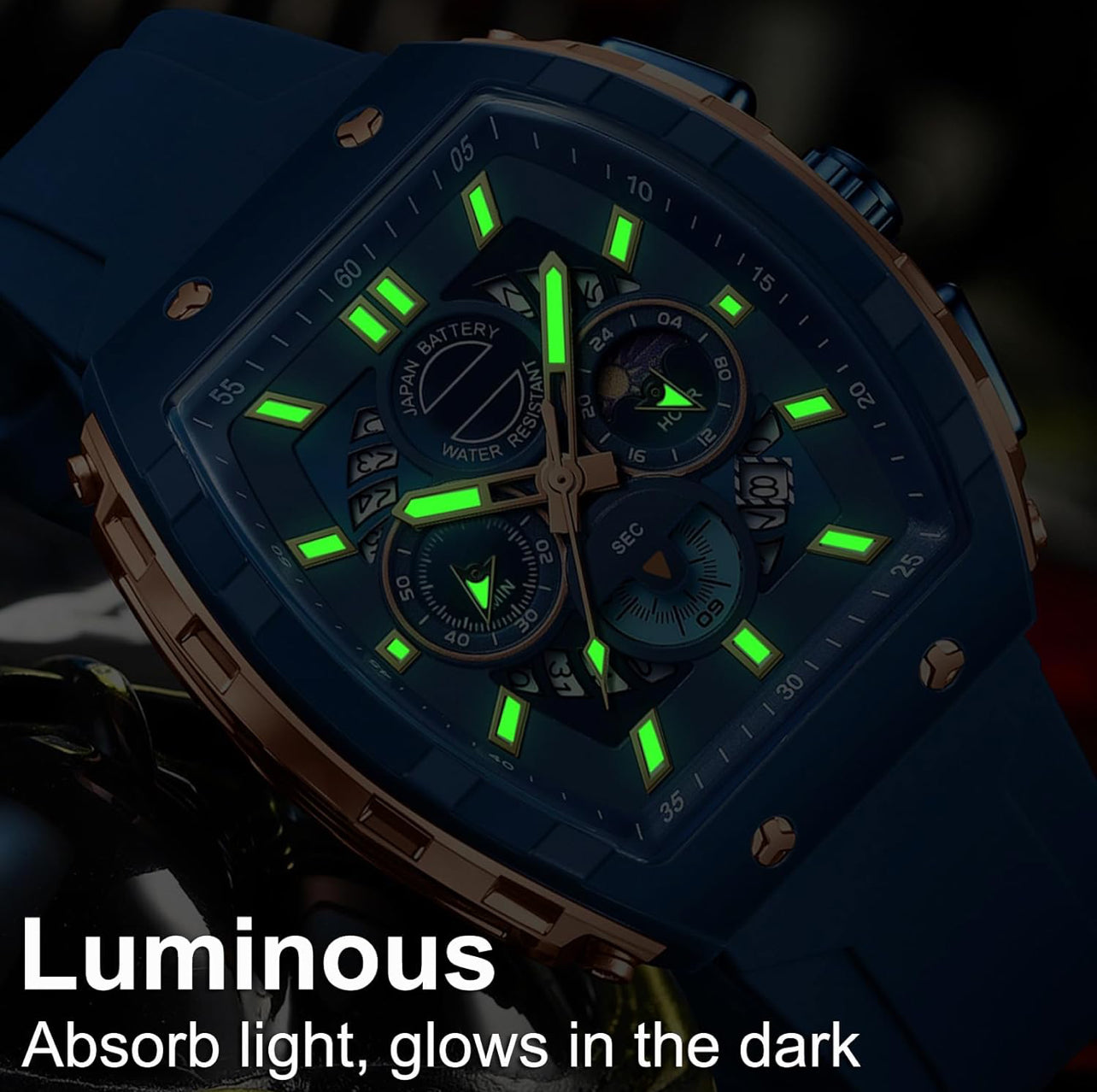 Men Watch Unique Blue and Rose Gold Wrist Watch Waterproof Sport Military Big Face Chronograph Analog Quartz Watch