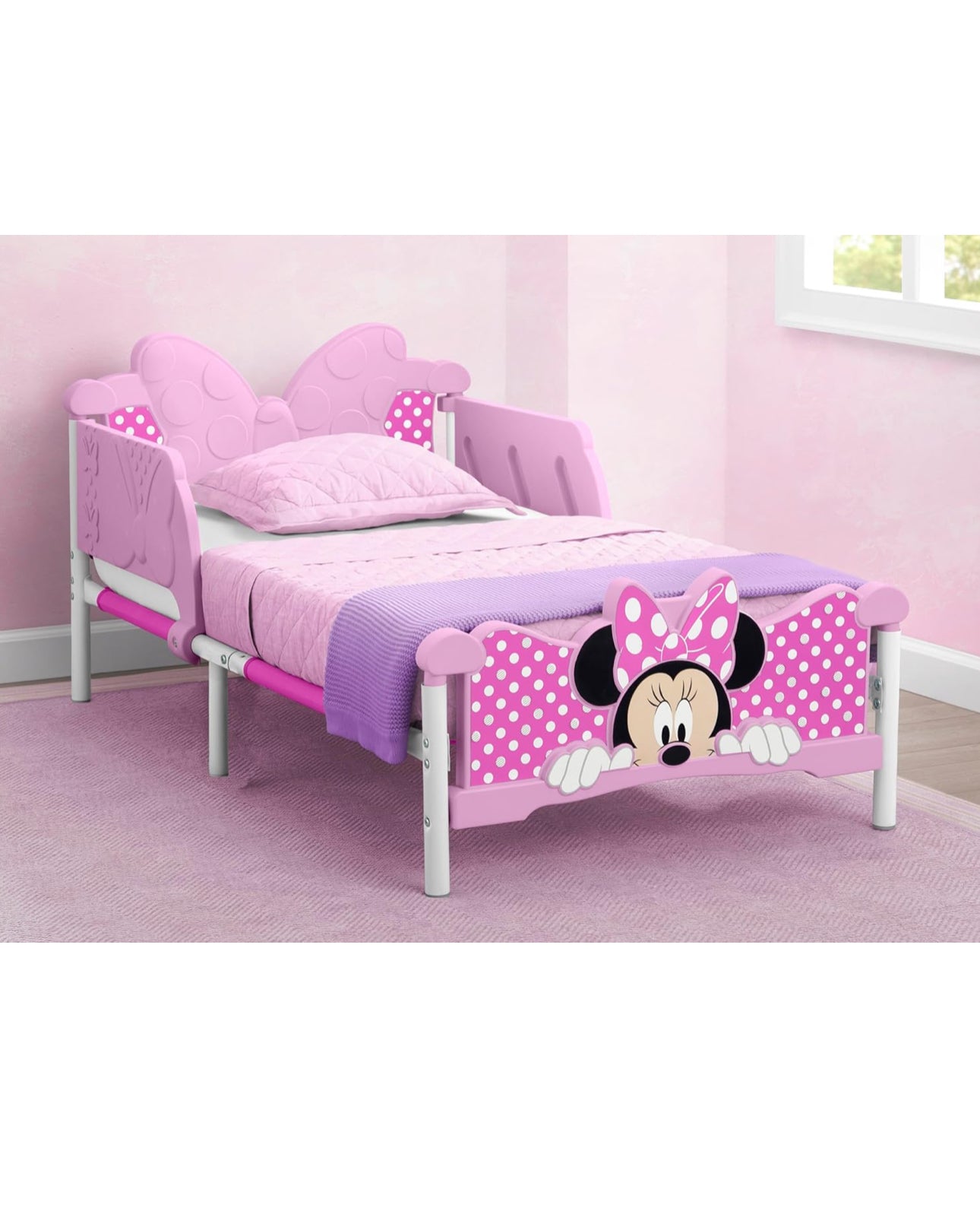 Classic design toddler bed. Low floor design, two side safety rails.  Bed with mattress