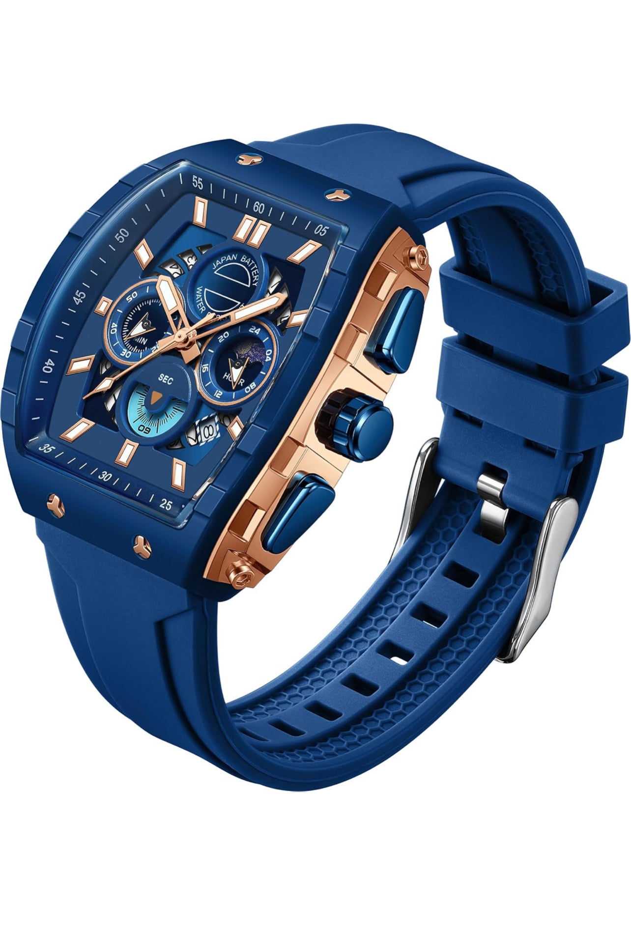 Men Watch Unique Blue and Rose Gold Wrist Watch Waterproof Sport Military Big Face Chronograph Analog Quartz Watch