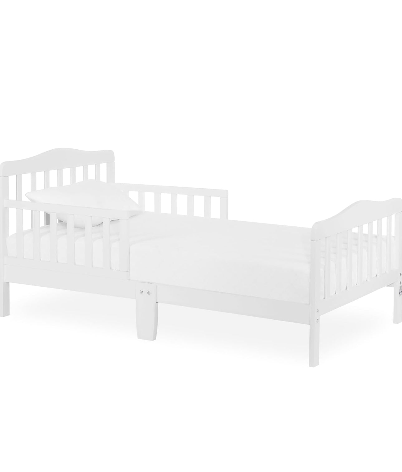 Classic white design toddler bed. Low floor design, two side safety rails.  Bed with mattress