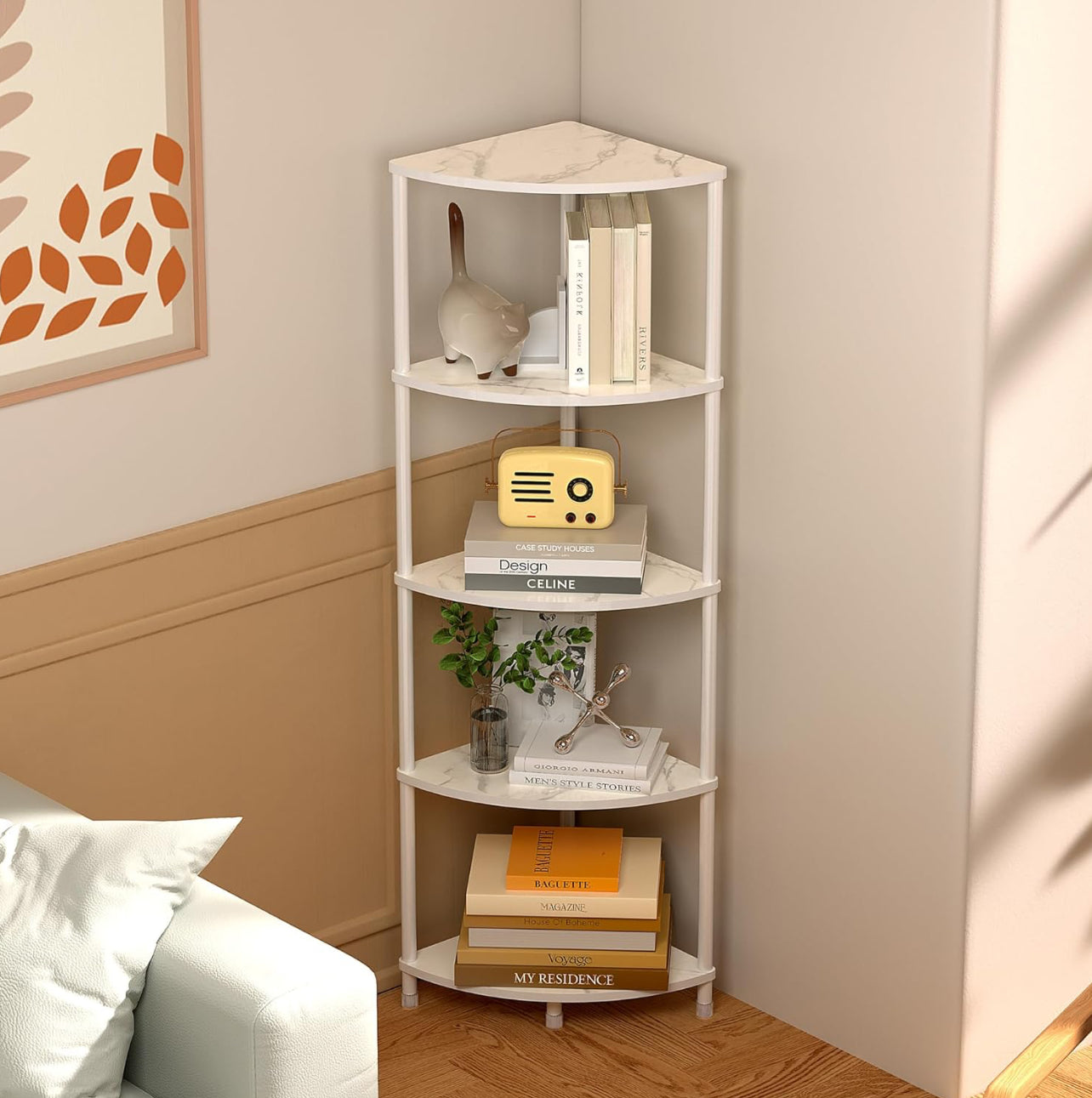 Marble White 5 Tier Corner Shelf Stand