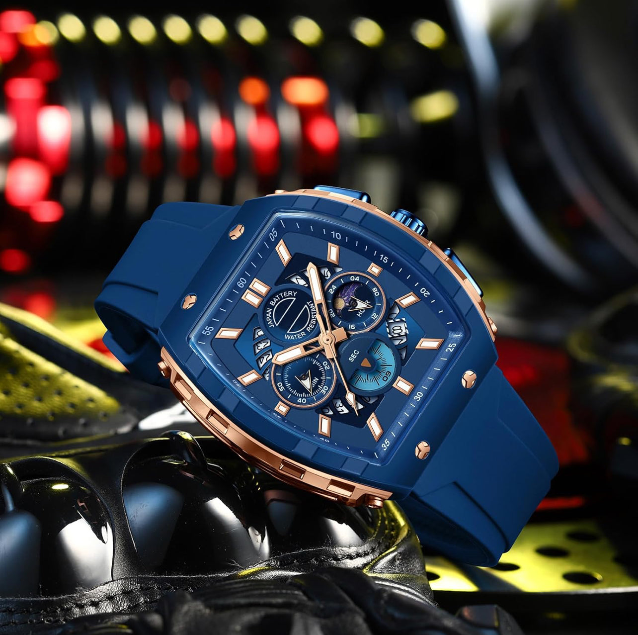 Men Watch Unique Blue and Rose Gold Wrist Watch Waterproof Sport Military Big Face Chronograph Analog Quartz Watch