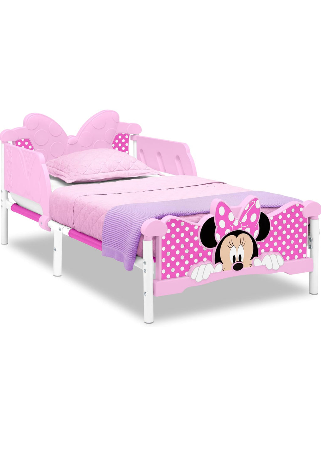 Classic design toddler bed. Low floor design, two side safety rails.  Bed with mattress