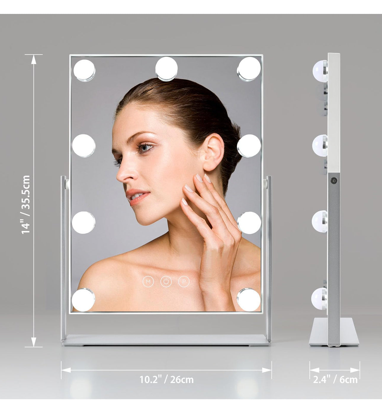 Vanity Mirror with Lights, Lighted Makeup Mirror with 9 Dimmable Bulbs, 3 Color Lighting Modes, Detachable 5X Magnification Mirror and 360 Degree Rotation