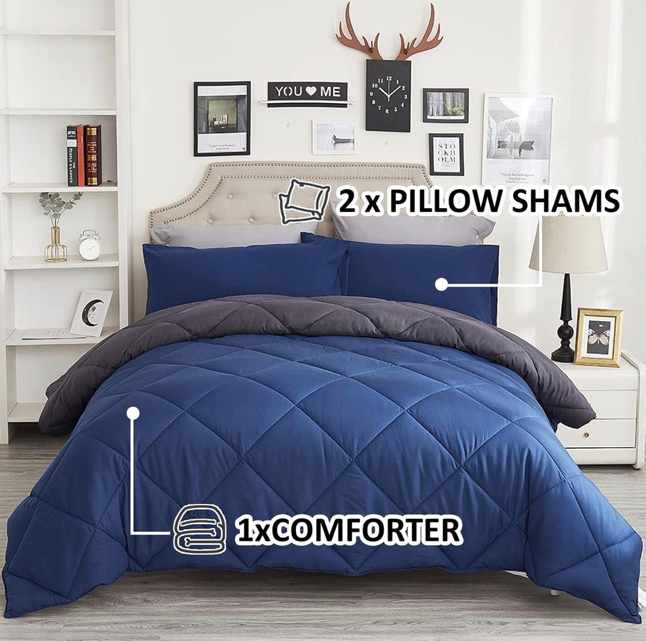 King Comforter Set Blue - 3 Pieces Luxury Soft and Lightweight Down Alternative Bedding Set Fluffy Blanket Quilt for All Season 1 Comforter(90"×104") & 2 Pillow Shams(20"×36")