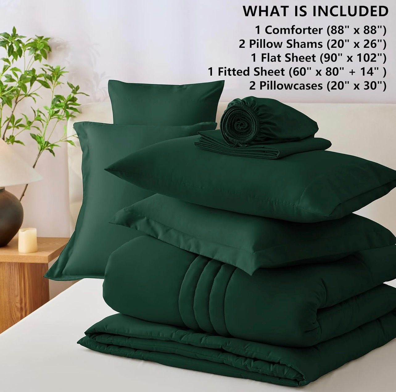 Queen Comforter Set - 7 Pieces Bed in a Bag Emerald Green Comforters Queen Size Bed Set, Soft Bedding Set with All Seasons Comforter, Fitted Sheet, Flat Sheet, 2 Pillowcases & 2 Shams Case