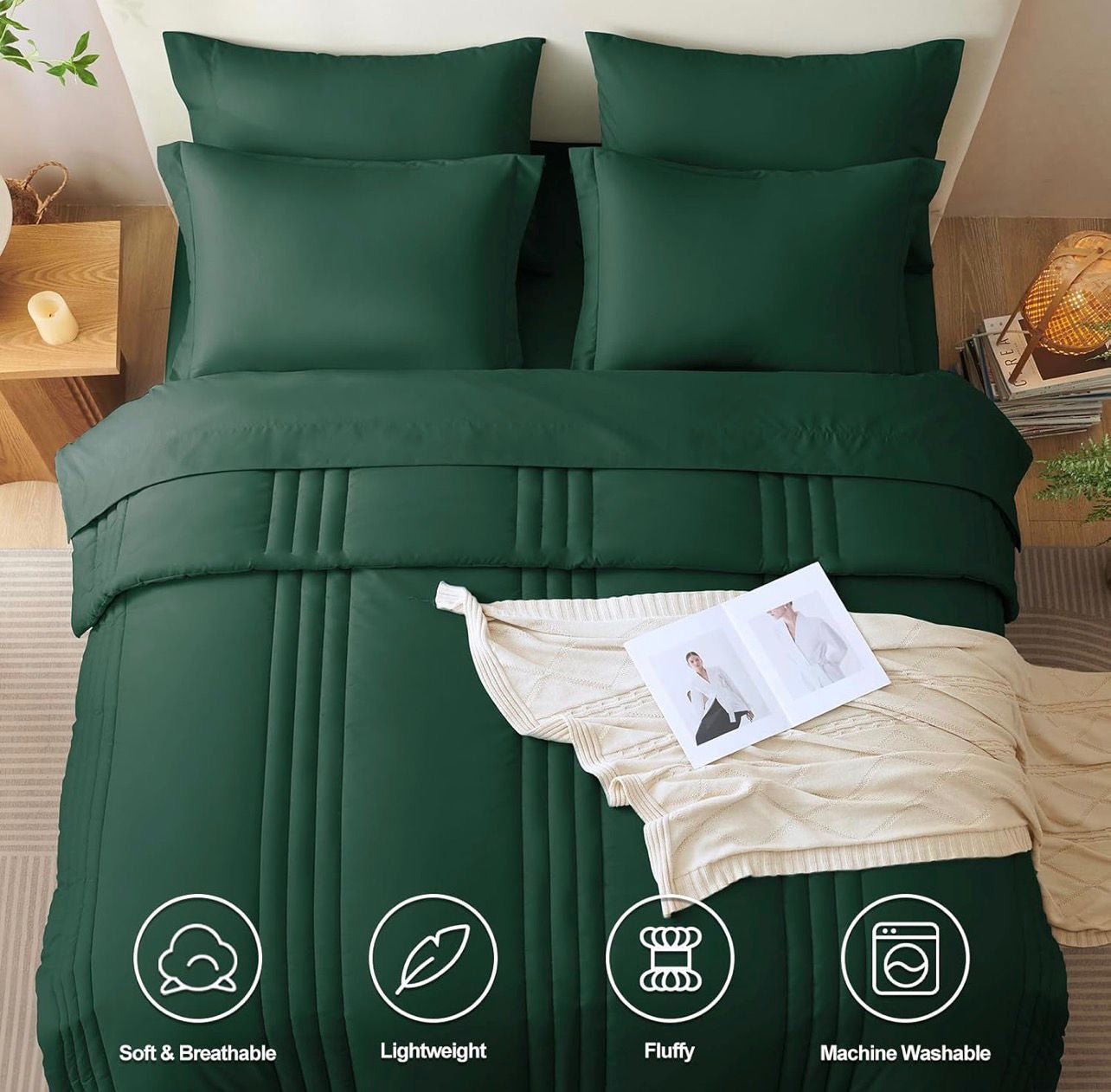 Queen Comforter Set - 7 Pieces Bed in a Bag Emerald Green Comforters Queen Size Bed Set, Soft Bedding Set with All Seasons Comforter, Fitted Sheet, Flat Sheet, 2 Pillowcases & 2 Shams Case