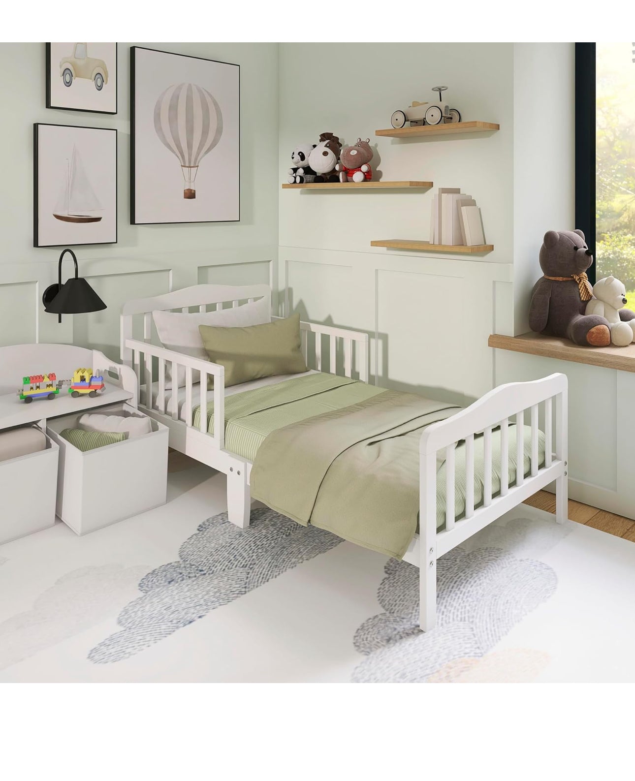 Classic white design toddler bed. Low floor design, two side safety rails.  Bed with mattress