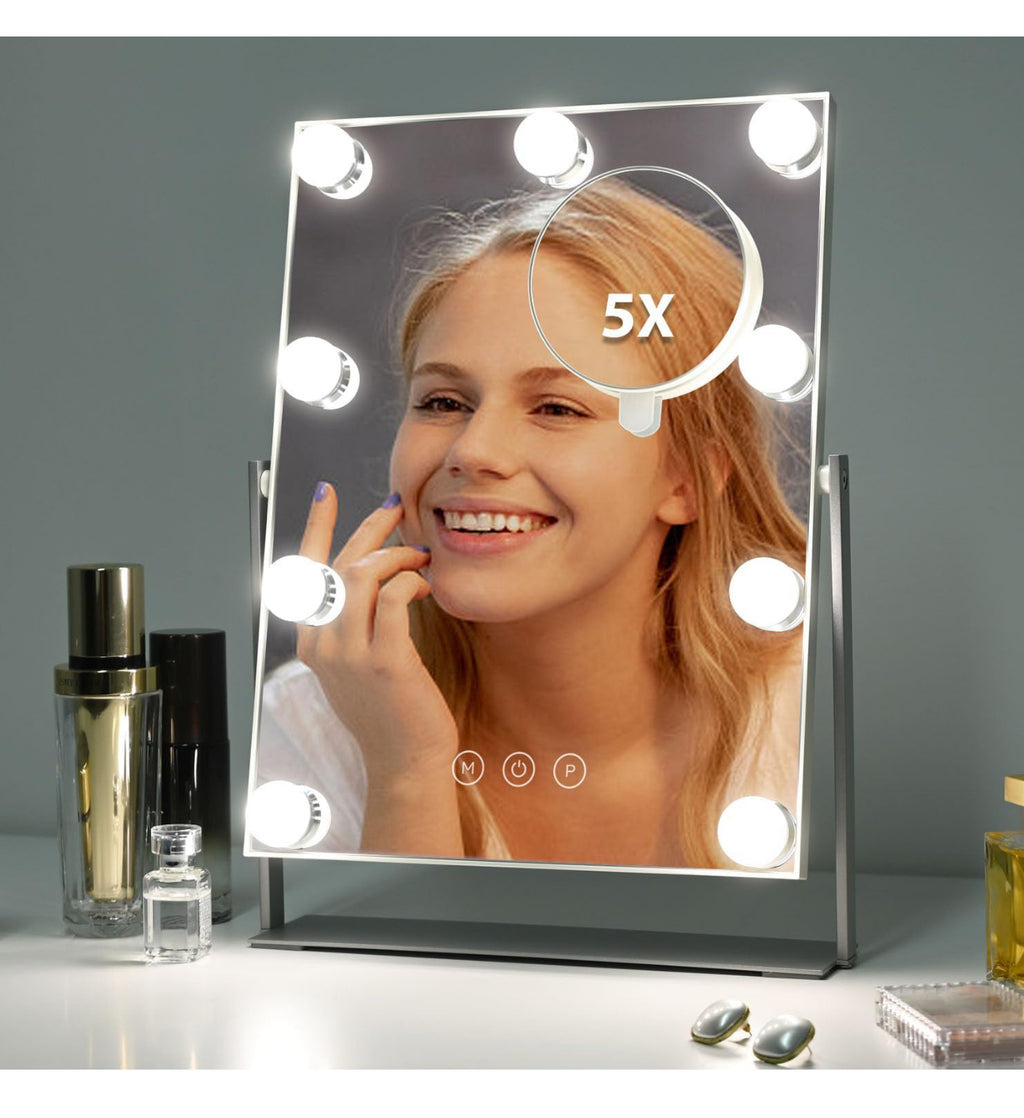 Vanity Mirror with Lights, Lighted Makeup Mirror with 9 Dimmable Bulbs, 3 Color Lighting Modes, Detachable 5X Magnification Mirror and 360 Degree Rotation