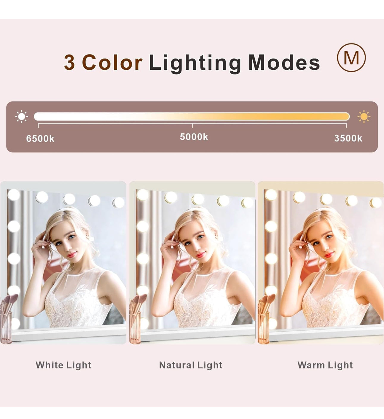 Vanity Mirror with Lights, Hollywood Lighted Makeup Mirror with 18 Dimmable Led Bulbs, 3 Color Lighting Modes, USB Charging Port Touch Control 10x Magnification 26 × 22 inch