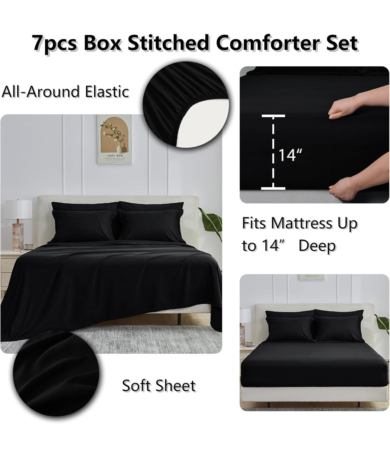 Black Queen Comforter Set - 7 Pieces Bed in a Bag Beige Comforters Queen Size Bed Set, Soft Bedding Set with All Seasons Comforter, Sheets, Pillowcases & Shams