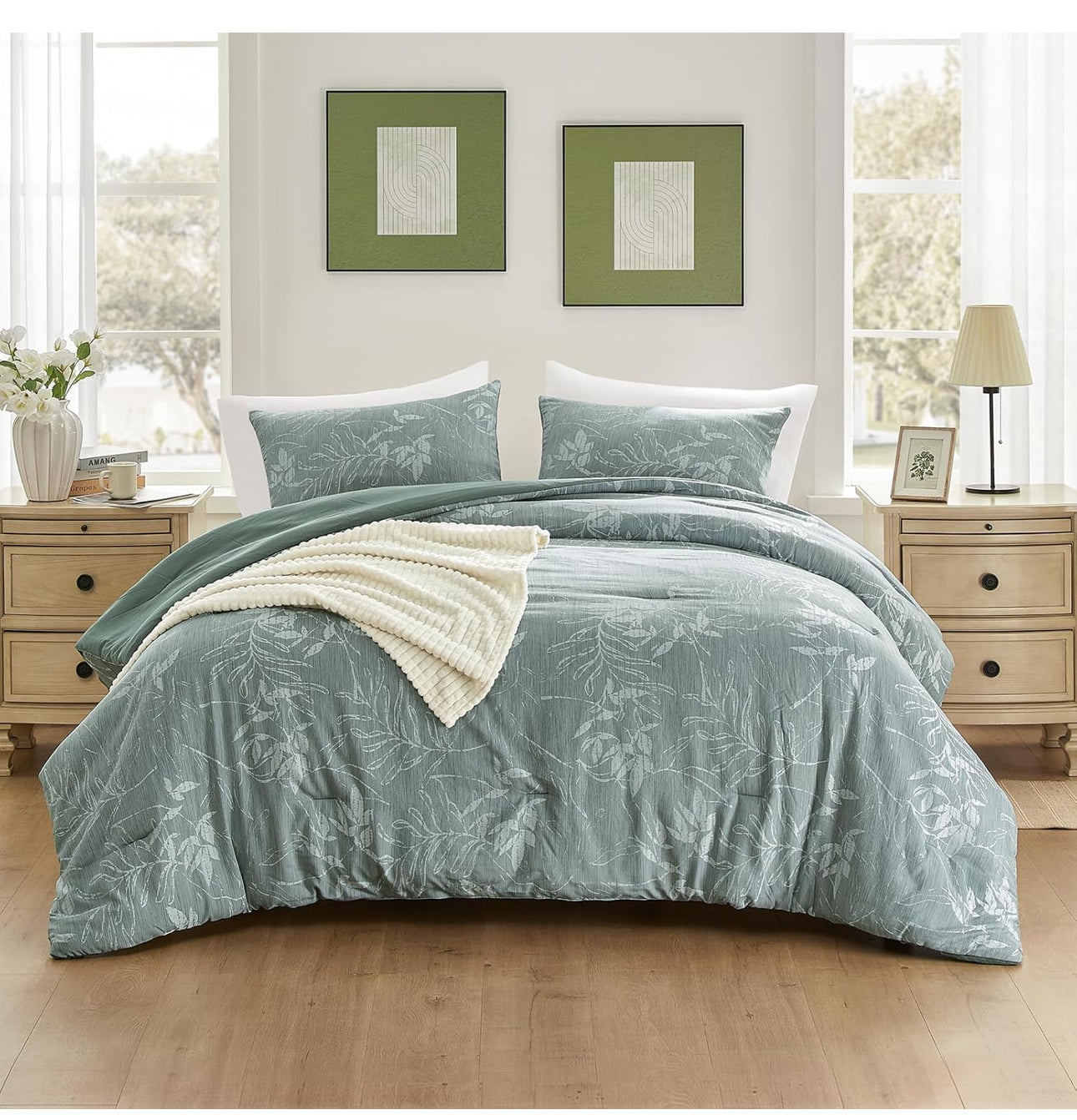 Queen Comforter Set - 3 Pieces Dark Green Bedding Comforter Sets, Queen Botanical Flower Comforter, 1 Soft Reversible Floral Comforter and 2 Pillow Shams for All Seasons