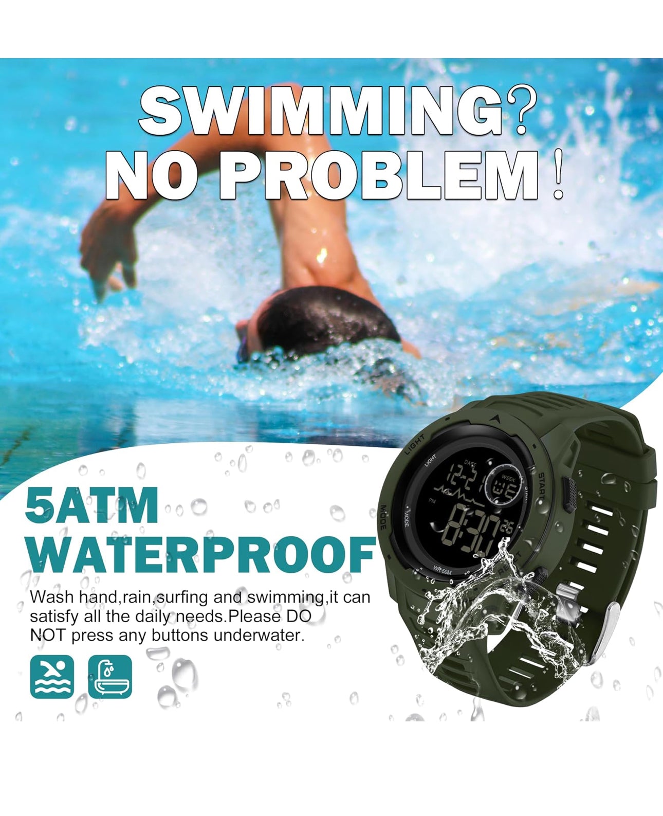Men's Digital Watch Waterproof Sports Watches Tactical Military Stopwatch Alarm 12/24H Outdoor Mens Wristwatch for Running Swimming