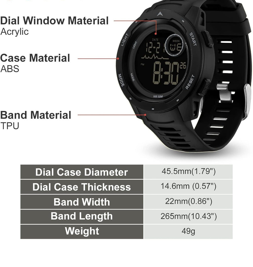 Men's Digital Watch Waterproof Sports Watches Tactical Military Stopwatch Alarm 12/24H Outdoor Mens Wristwatch for Running Swimming