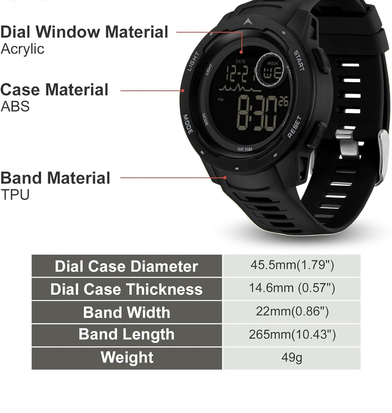 Men's Digital Watch Waterproof Sports Watches Tactical Military Stopwatch Alarm 12/24H Outdoor Mens Wristwatch for Running Swimming