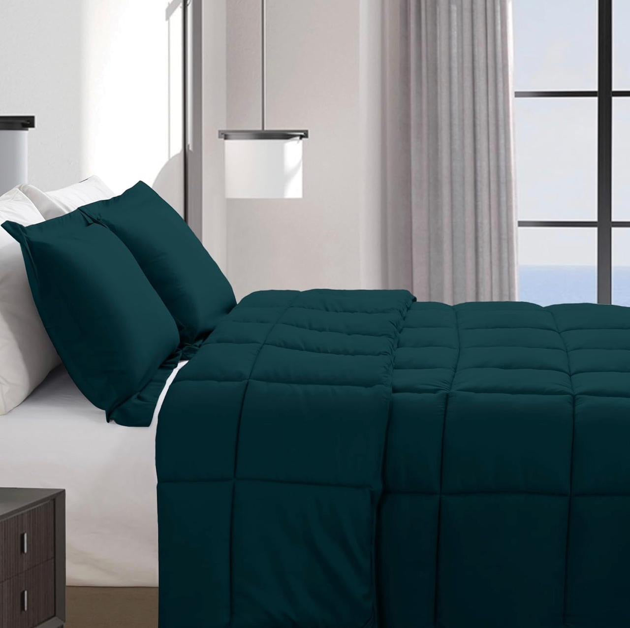 Elegant Comfort 3-Piece Box Stitched Down Alternative Comforter with Shams - Ultra Soft for All Season Duvet Insert with Corner Tabs, Plush Cozy 3PC Comforter Set, Oversize King, Marine Teal
