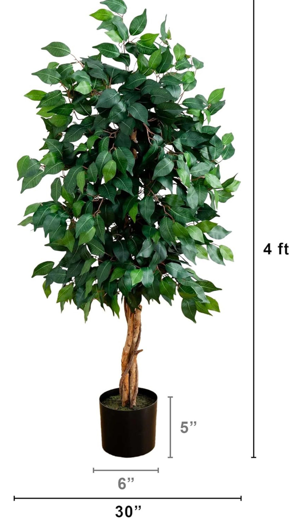 Nearly Natural 4ft Triple Trunk Artificial Ficus Tree with Natural Wood Trunks, Fake Tree for Indoor Home Décor, Faux Ficus Tree with Black Nursery Pot