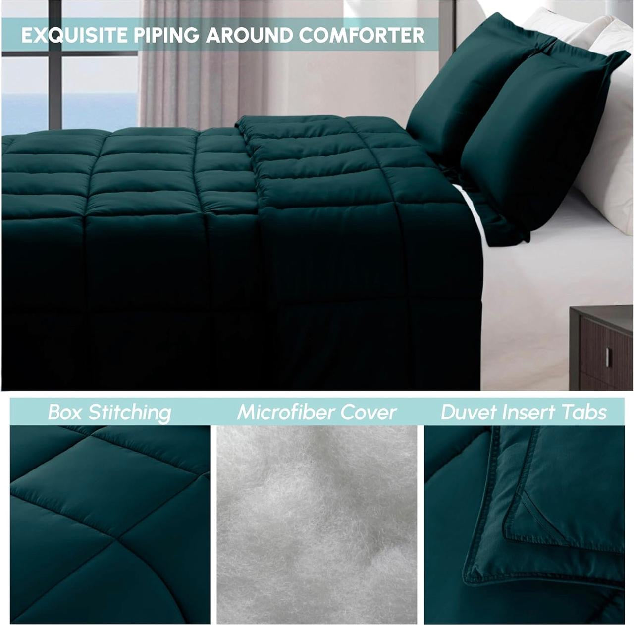 Elegant Comfort 3-Piece Box Stitched Down Alternative Comforter with Shams - Ultra Soft for All Season Duvet Insert with Corner Tabs, Plush Cozy 3PC Comforter Set, Oversize King, Marine Teal