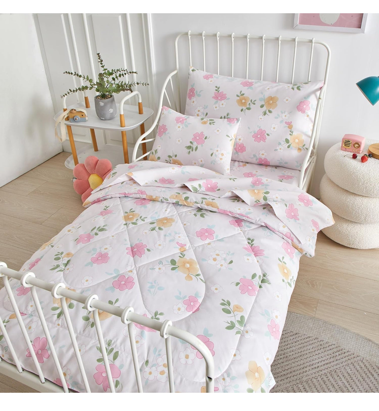 Pink Memory 5pcs Toddler Comforter Set Pink Flowers Bedding Set for Girls Toddler Bed Sheet Set in a Bag Kids Crib Bed Set,1 Quilt Comforter,1 Flat Sheet,1 Fitted Sheet and 2 Pillowcases