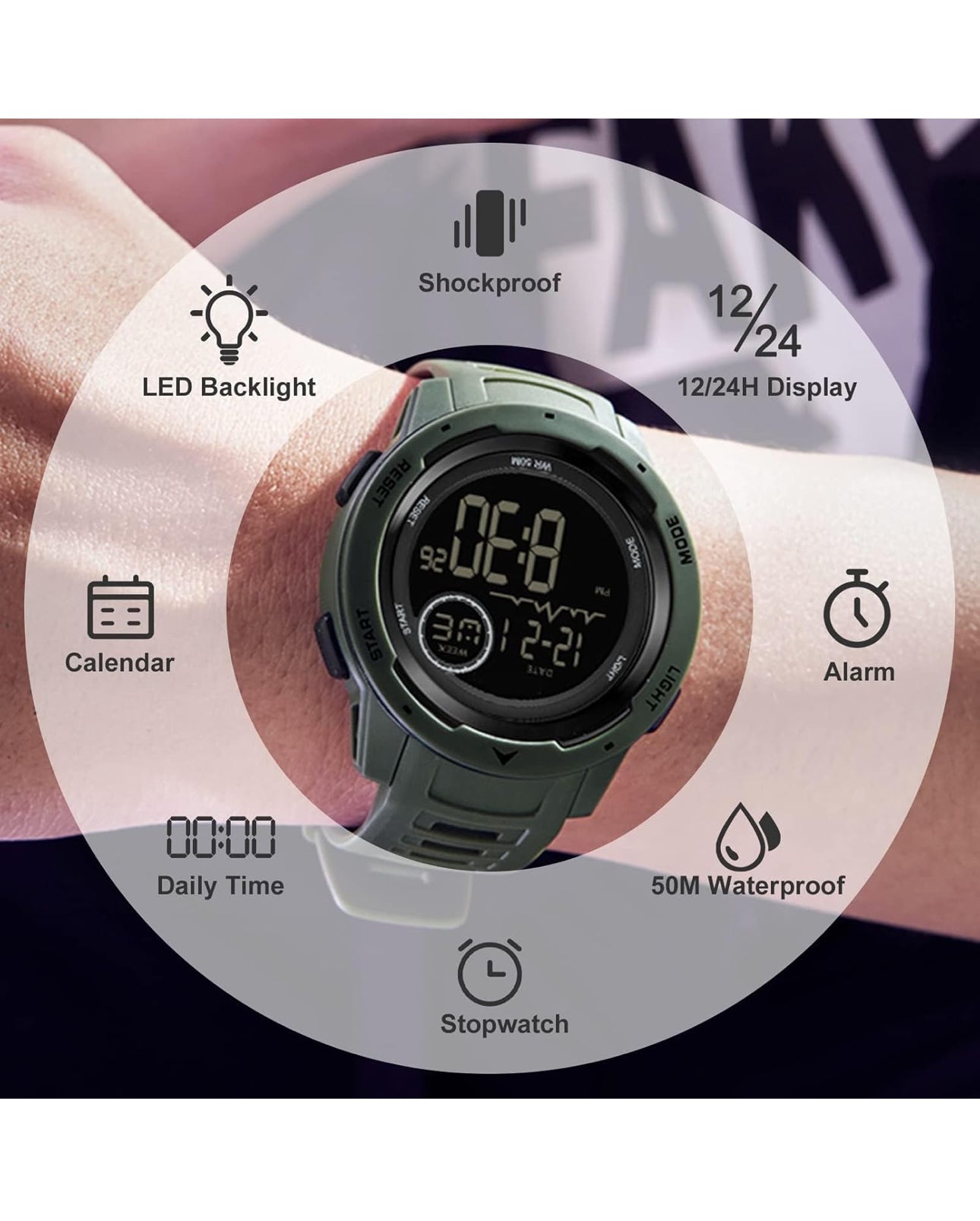 Men's Digital Watch Waterproof Sports Watches Tactical Military Stopwatch Alarm 12/24H Outdoor Mens Wristwatch for Running Swimming