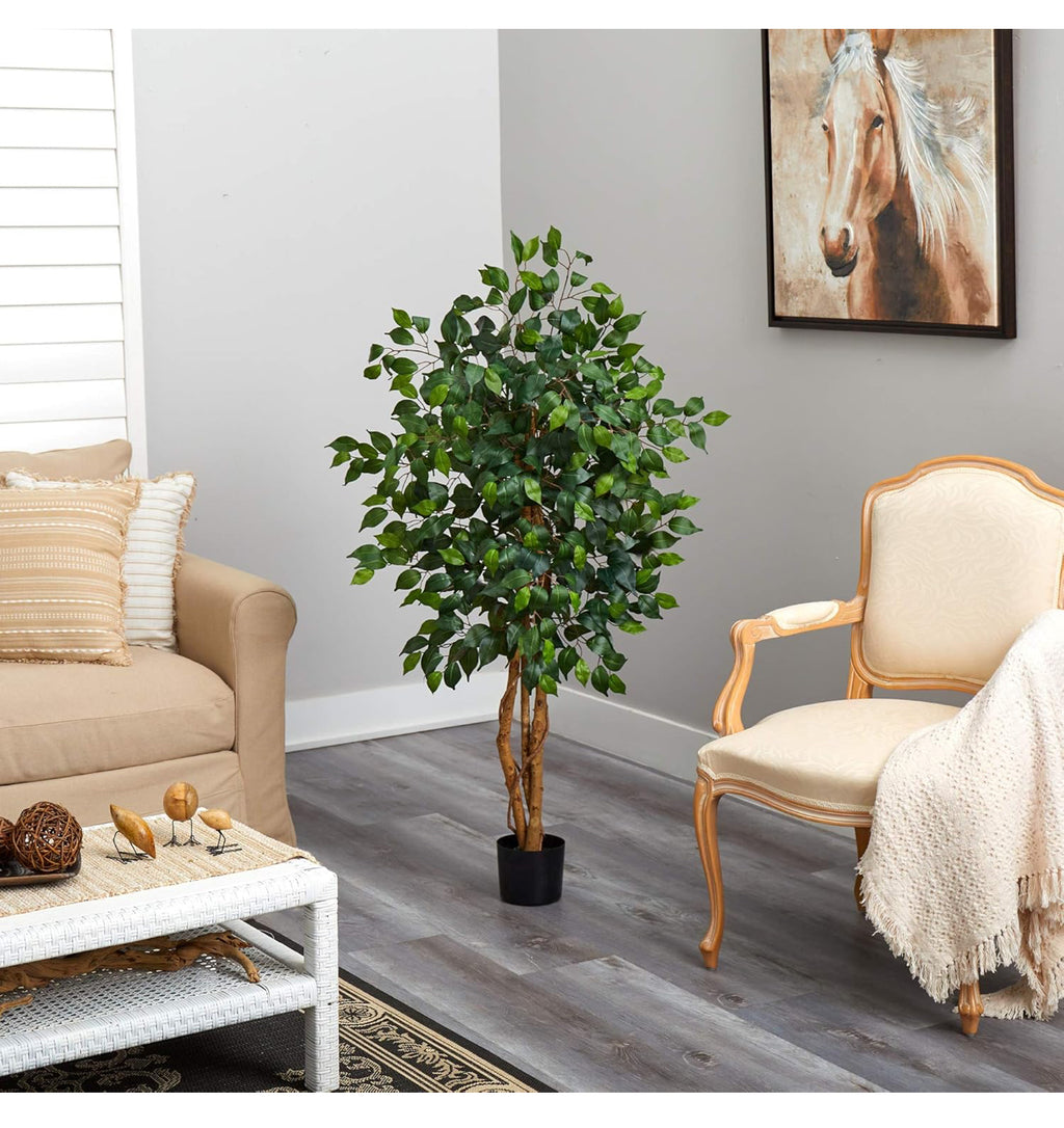 Nearly Natural 4ft Triple Trunk Artificial Ficus Tree with Natural Wood Trunks, Fake Tree for Indoor Home Décor, Faux Ficus Tree with Black Nursery Pot