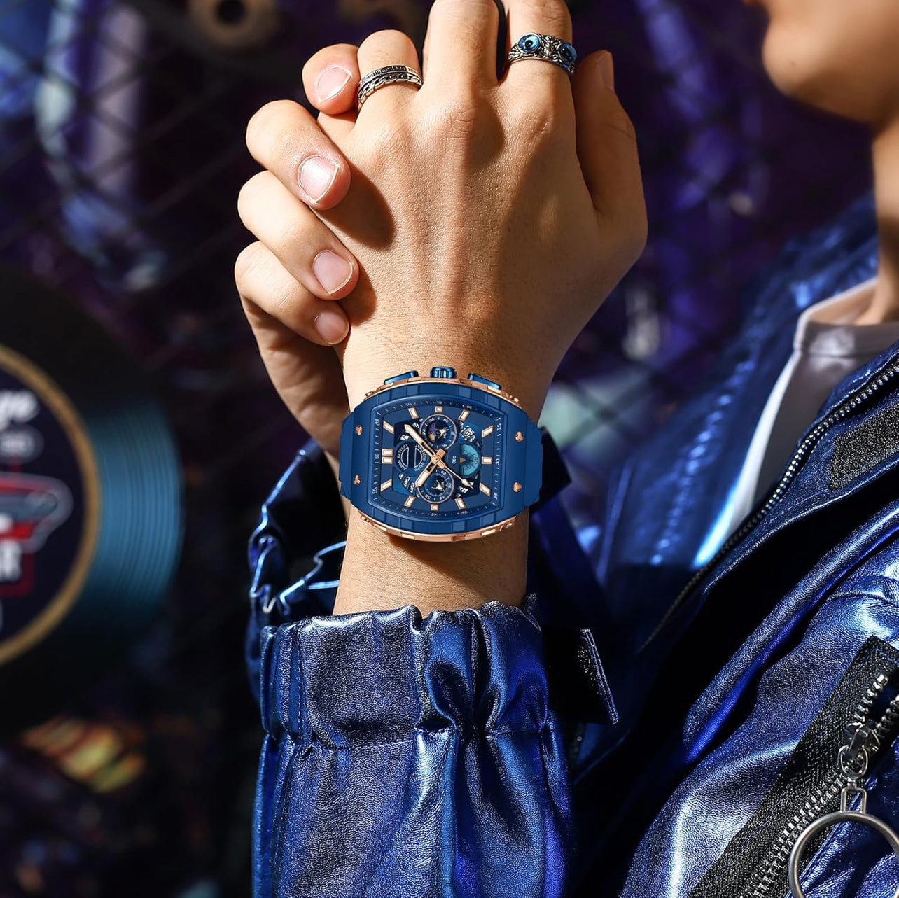 Men Watch Unique Blue and Rose Gold Wrist Watch Waterproof Sport Military Big Face Chronograph Analog Quartz Watch