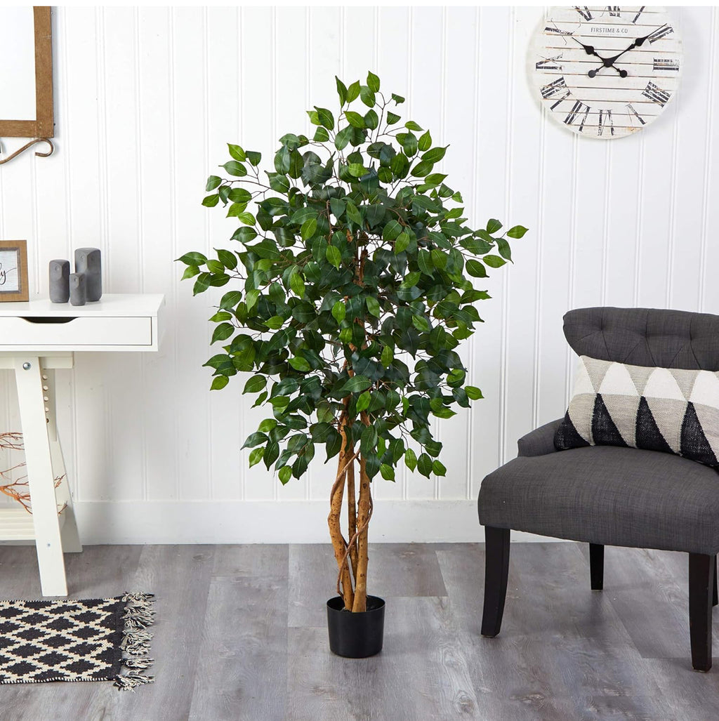 Nearly Natural 4ft Triple Trunk Artificial Ficus Tree with Natural Wood Trunks, Fake Tree for Indoor Home Décor, Faux Ficus Tree with Black Nursery Pot