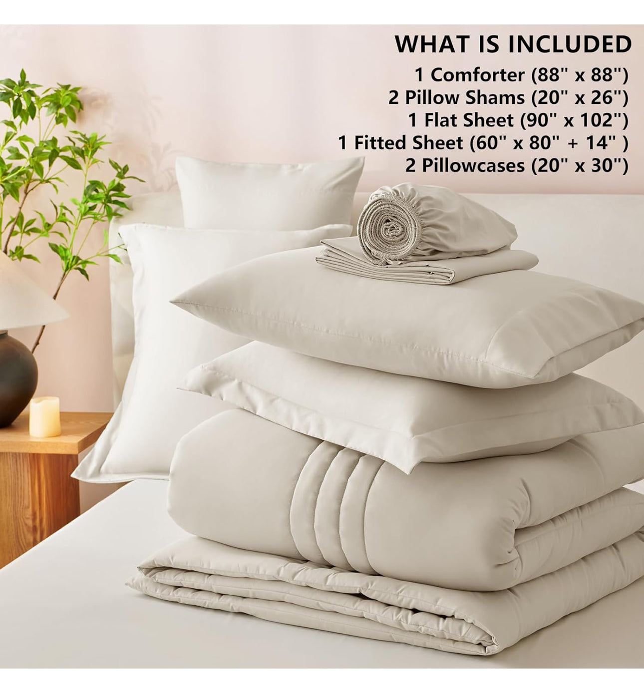 Beige Queen Comforter Set - 7 Pieces Bed in a Bag Beige Comforters Queen Size Bed Set, Soft Bedding Set with All Seasons Comforter, Sheets, Pillowcases & Shams