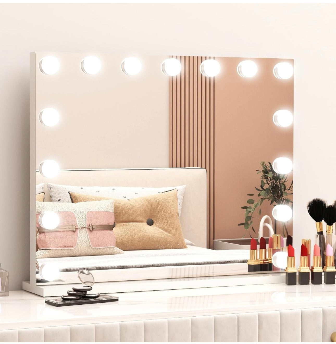 Vanity Mirror with Lights, Hollywood Lighted Makeup Mirror with 18 Dimmable Led Bulbs, 3 Color Lighting Modes, USB Charging Port Touch Control 10x Magnification 26 × 22 inch
