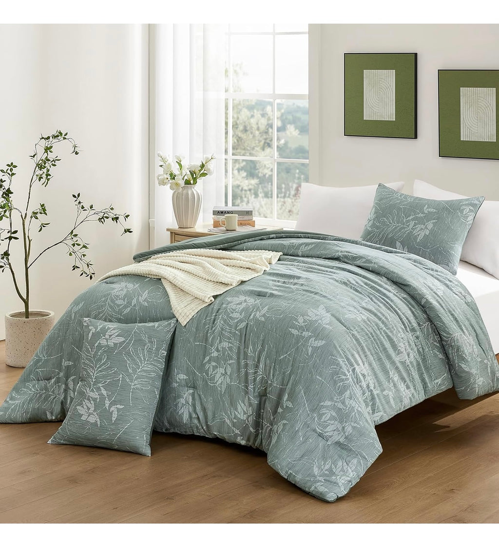 Queen Comforter Set - 3 Pieces Dark Green Bedding Comforter Sets, Queen Botanical Flower Comforter, 1 Soft Reversible Floral Comforter and 2 Pillow Shams for All Seasons
