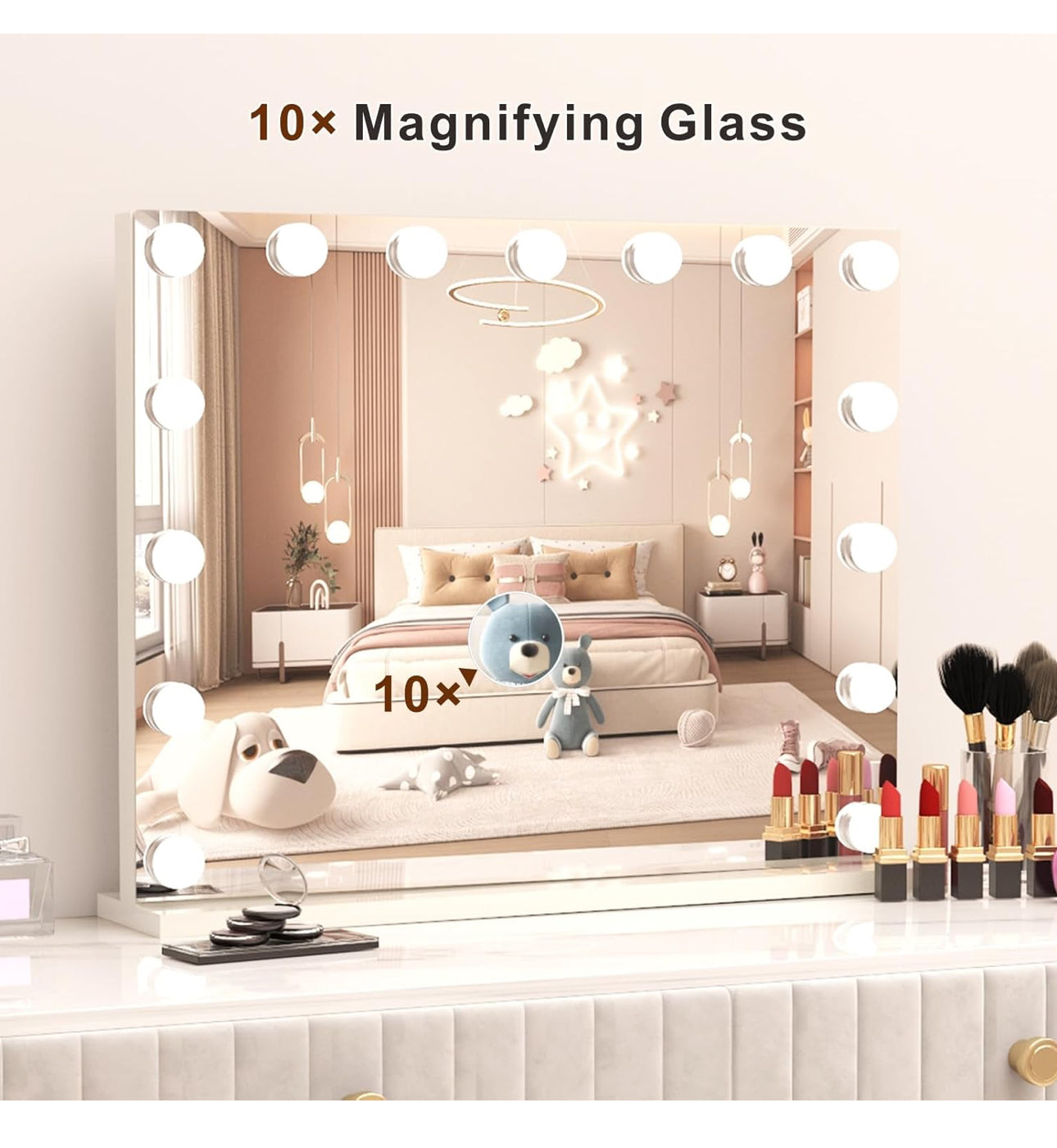 Vanity Mirror with Lights, Hollywood Lighted Makeup Mirror with 18 Dimmable Led Bulbs, 3 Color Lighting Modes, USB Charging Port Touch Control 10x Magnification 26 × 22 inch