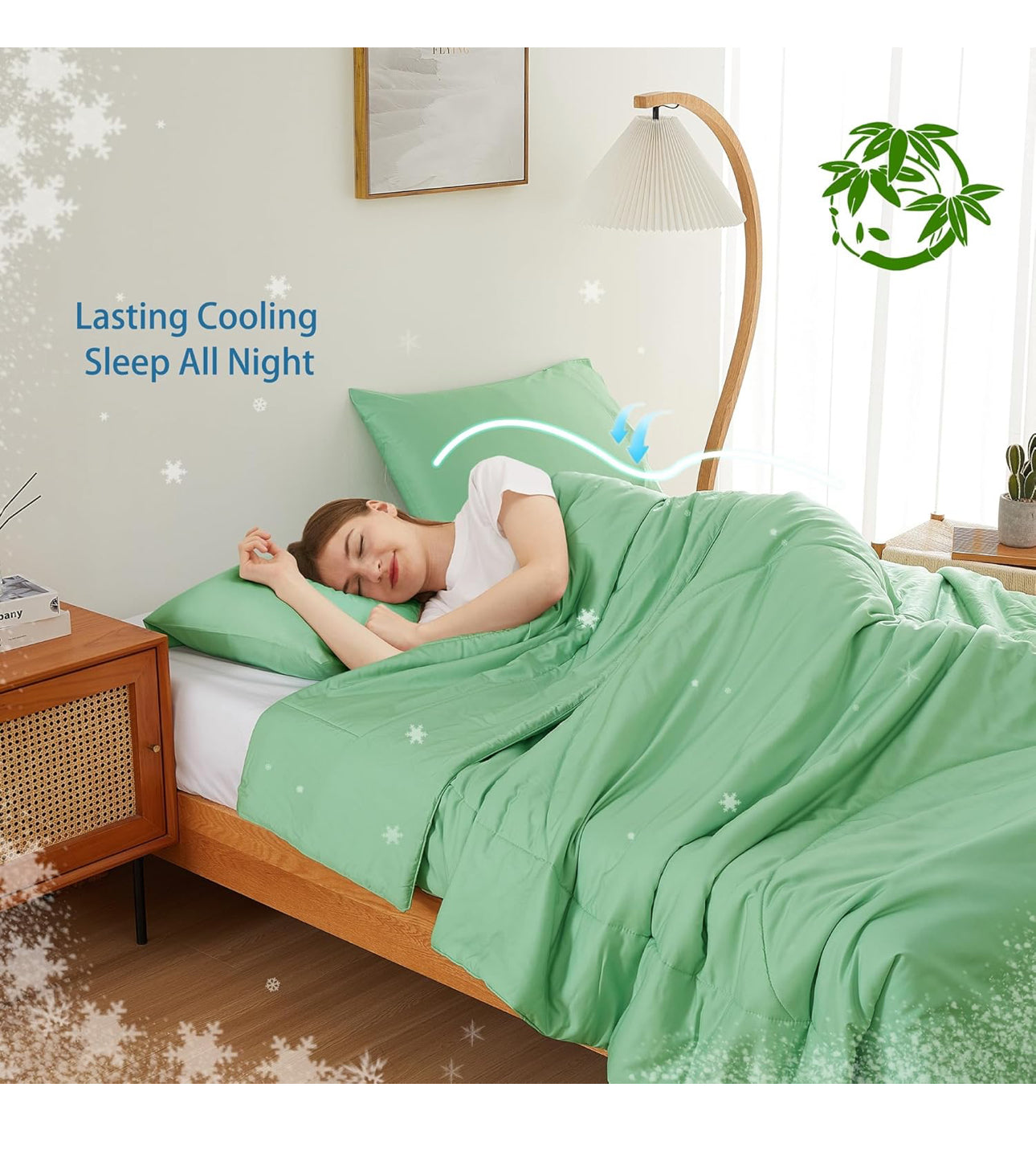 Natural Cooling Comforter Set King Size 3 Pieces, Soft Breathable Moisture-Wicking Quilt with Matching Pillowcases, Perfect for Hot Sleepers & Night Sweats (Green)