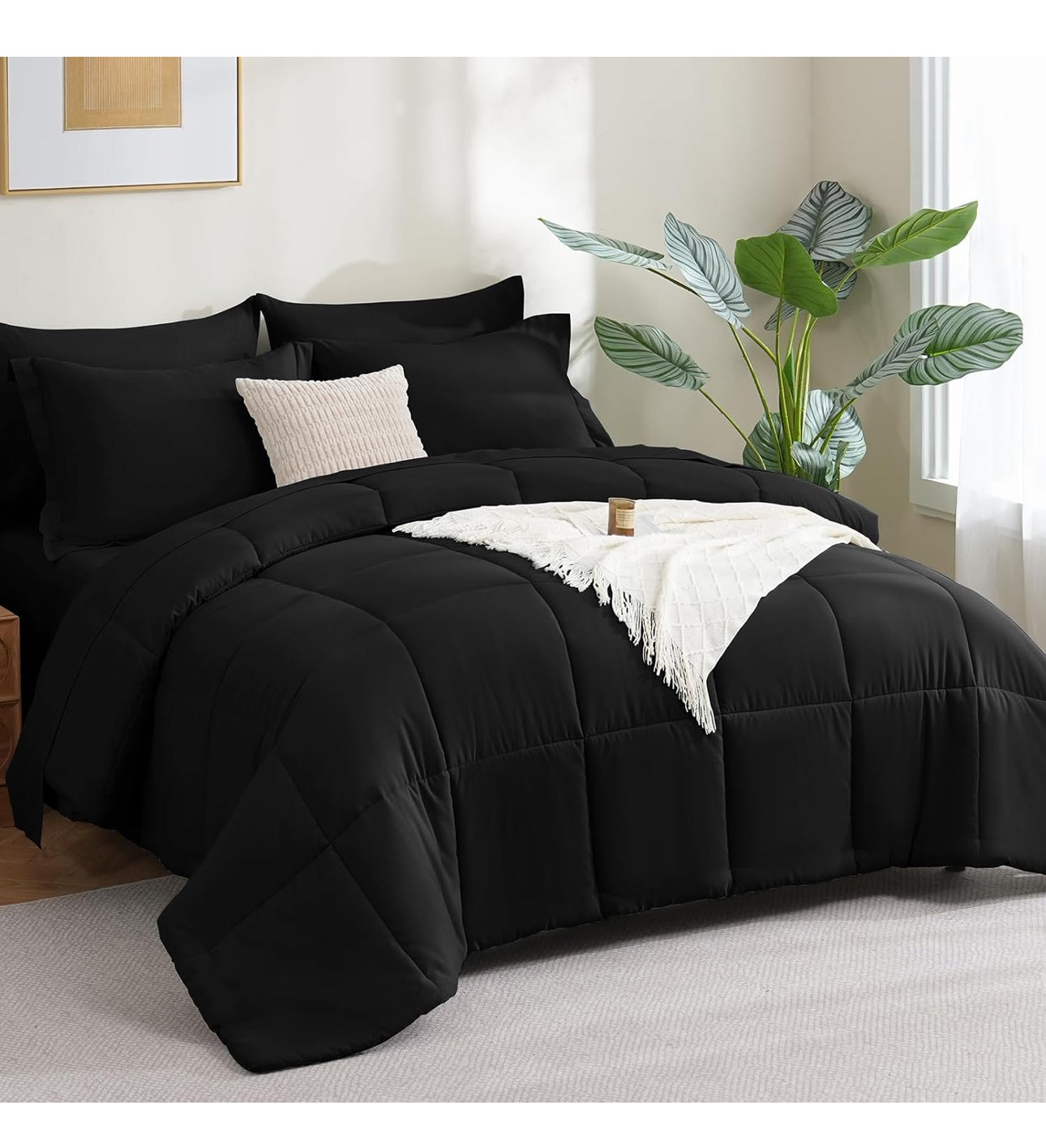 Black Queen Comforter Set - 7 Pieces Bed in a Bag Beige Comforters Queen Size Bed Set, Soft Bedding Set with All Seasons Comforter, Sheets, Pillowcases & Shams
