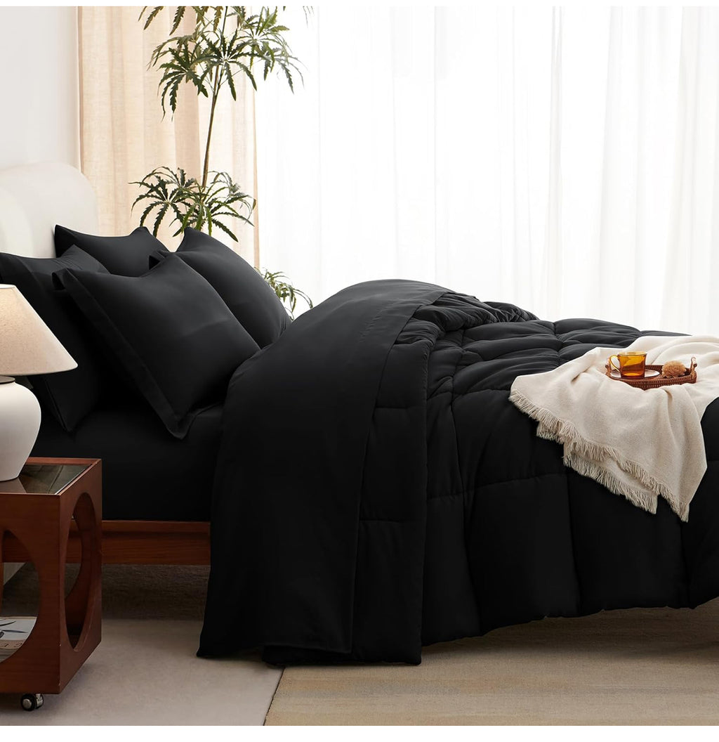 Black Queen Comforter Set - 7 Pieces Bed in a Bag Beige Comforters Queen Size Bed Set, Soft Bedding Set with All Seasons Comforter, Sheets, Pillowcases & Shams