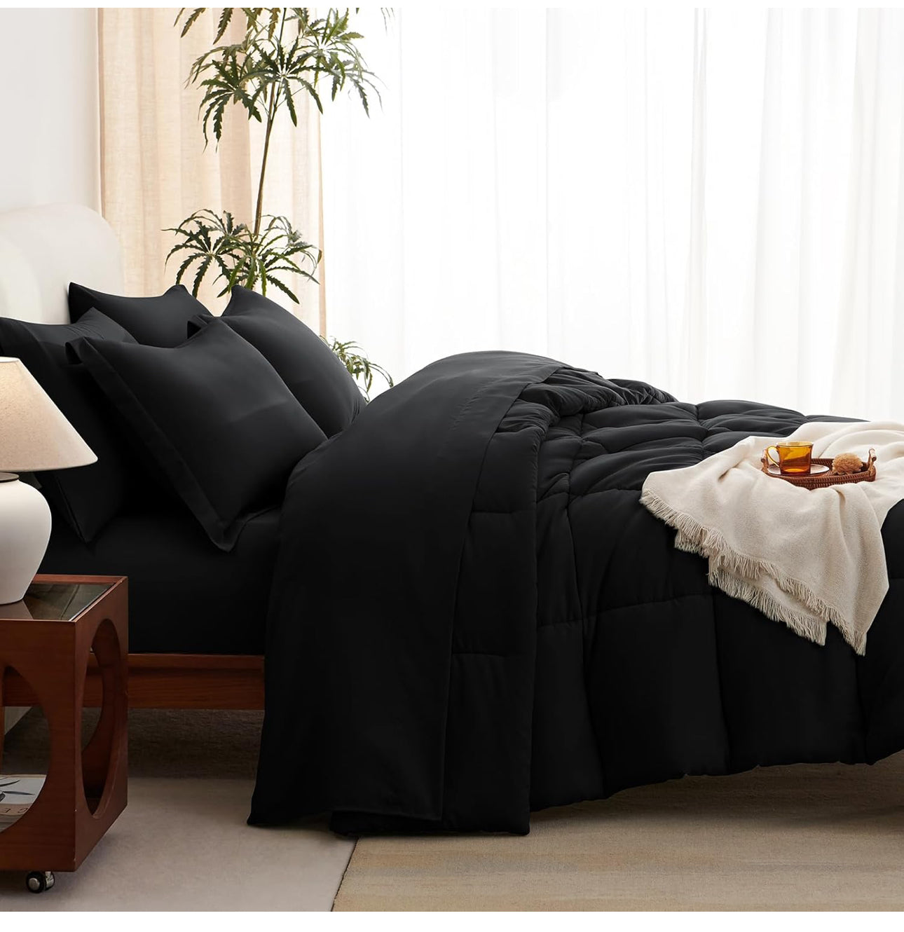 Black Queen Comforter Set - 7 Pieces Bed in a Bag Beige Comforters Queen Size Bed Set, Soft Bedding Set with All Seasons Comforter, Sheets, Pillowcases & Shams