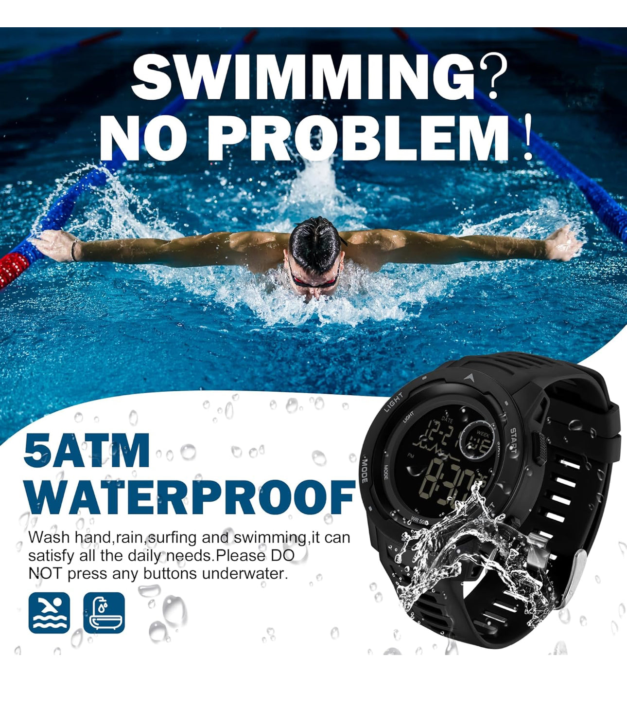 Men's Digital Watch Waterproof Sports Watches Tactical Military Stopwatch Alarm 12/24H Outdoor Mens Wristwatch for Running Swimming