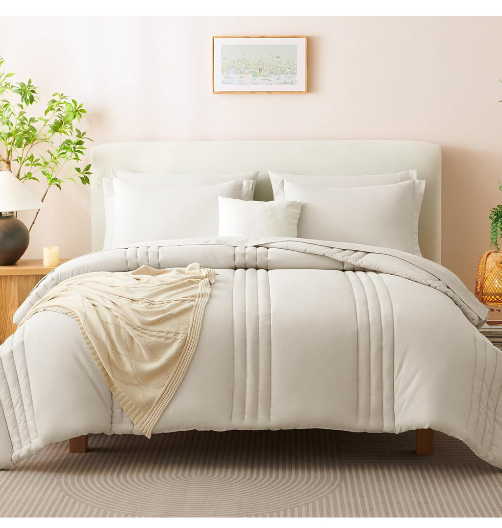Beige Queen Comforter Set - 7 Pieces Bed in a Bag Beige Comforters Queen Size Bed Set, Soft Bedding Set with All Seasons Comforter, Sheets, Pillowcases & Shams