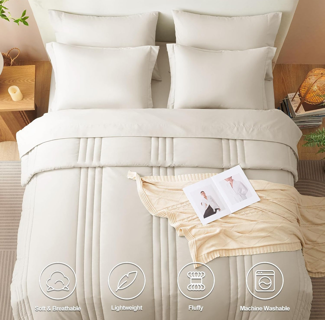 Beige Queen Comforter Set - 7 Pieces Bed in a Bag Beige Comforters Queen Size Bed Set, Soft Bedding Set with All Seasons Comforter, Sheets, Pillowcases & Shams