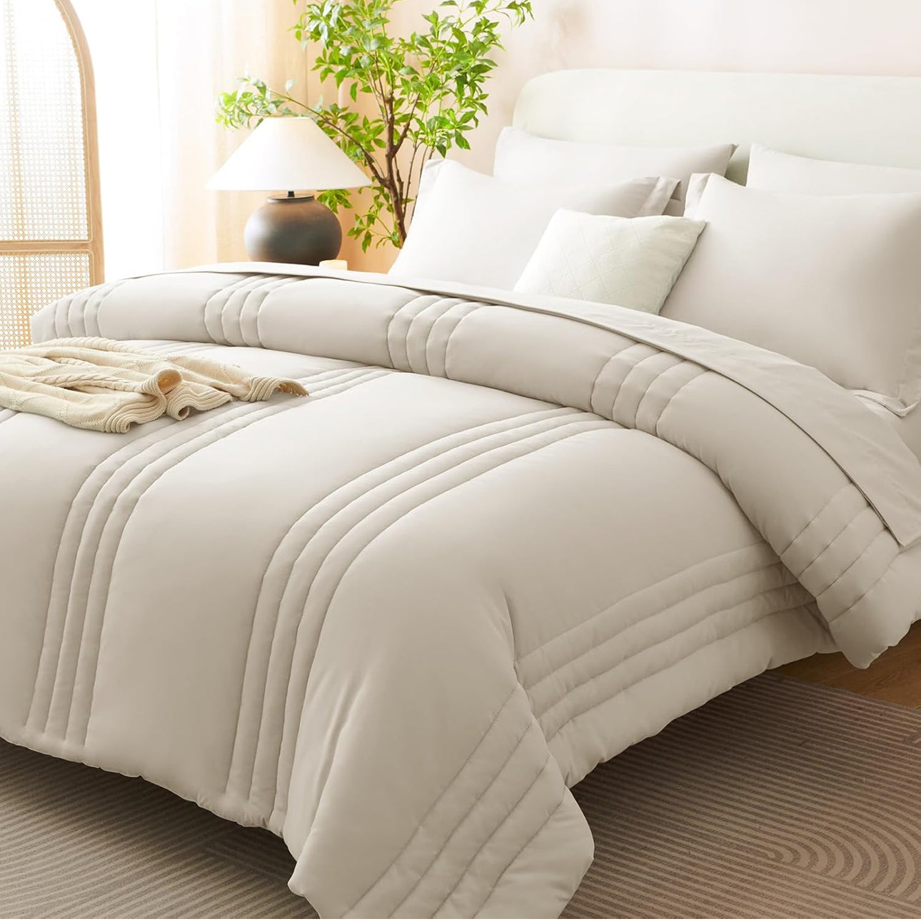 Beige Queen Comforter Set - 7 Pieces Bed in a Bag Beige Comforters Queen Size Bed Set, Soft Bedding Set with All Seasons Comforter, Sheets, Pillowcases & Shams