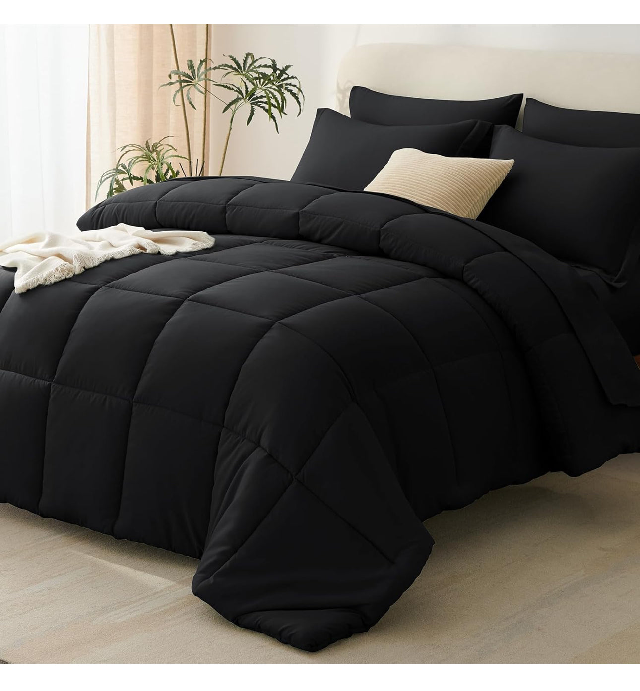 Black Queen Comforter Set - 7 Pieces Bed in a Bag Beige Comforters Queen Size Bed Set, Soft Bedding Set with All Seasons Comforter, Sheets, Pillowcases & Shams