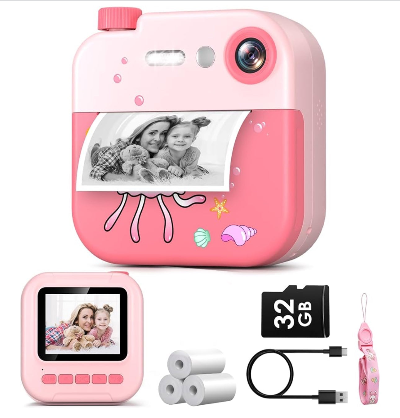 Kids Camera Instant Print- 1080P Digital Video Instant Camera for Kids, 3 Rolls of Printing Paper, 32g SD Card