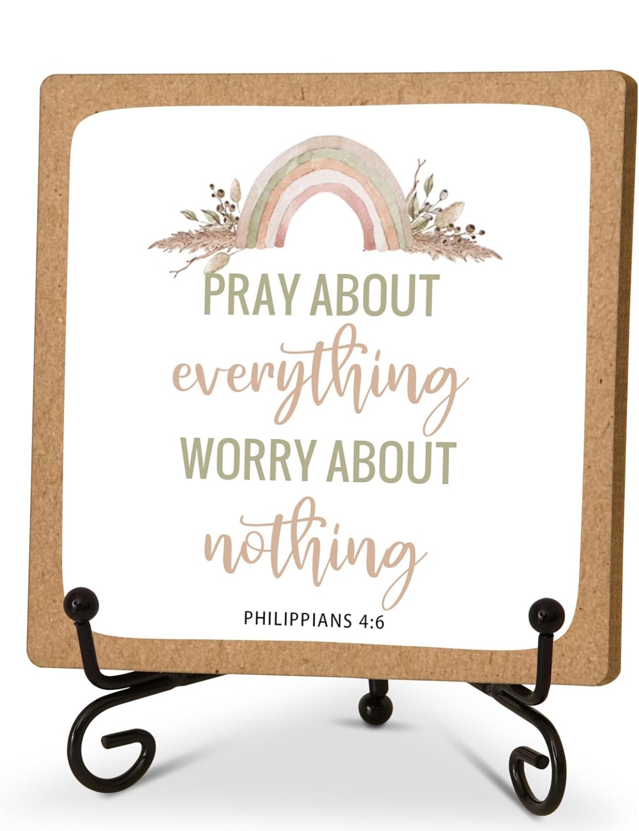 Christian Desk Decor, Pray About Everything Worry About Nothing Sign, Christian Room Decor, Christian Gifts for Women Men Family Friends, Funny Wooden Sign for Home Office Decoration