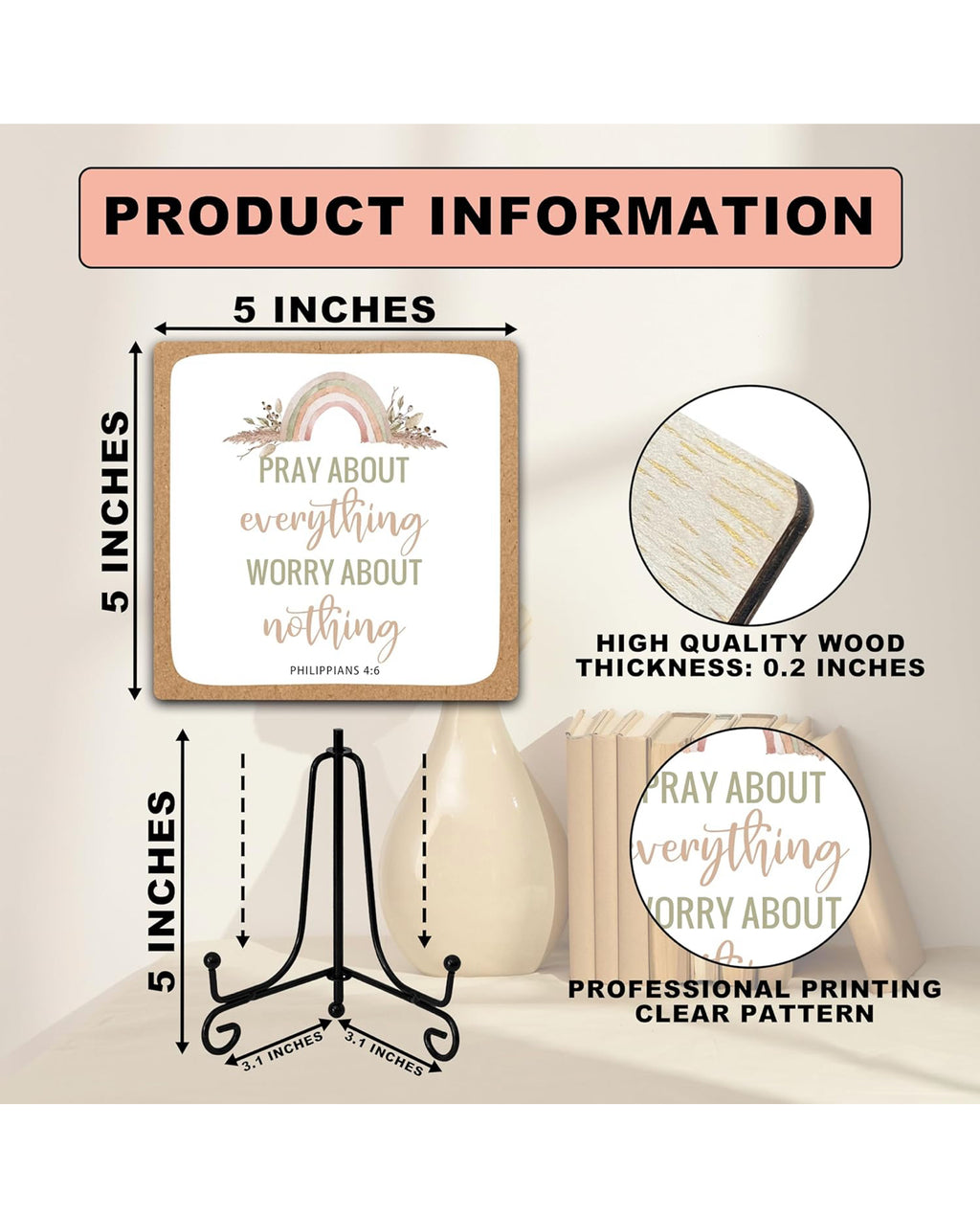 Christian Desk Decor, Pray About Everything Worry About Nothing Sign, Christian Room Decor, Christian Gifts for Women Men Family Friends, Funny Wooden Sign for Home Office Decoration