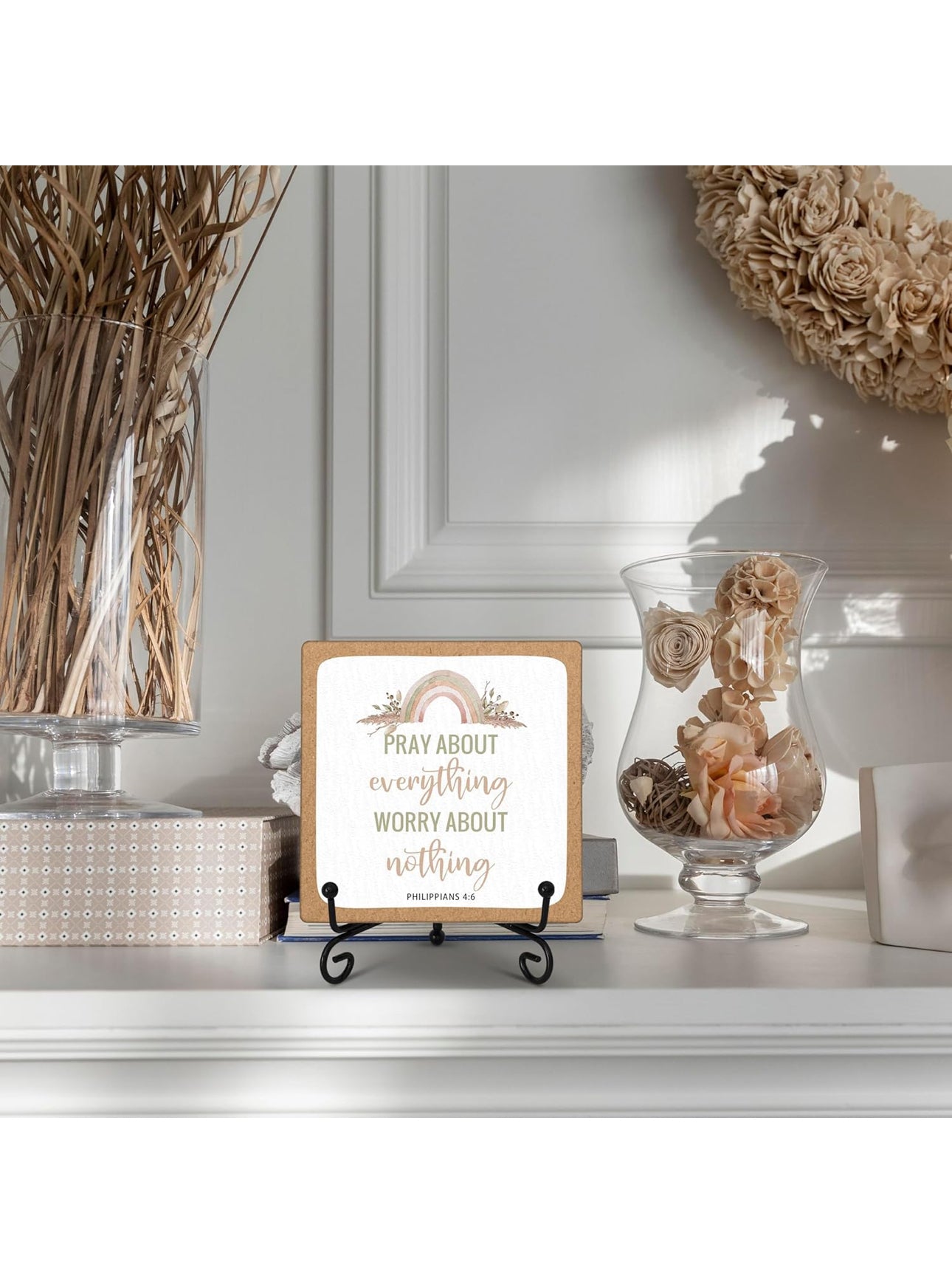 Christian Desk Decor, Pray About Everything Worry About Nothing Sign, Christian Room Decor, Christian Gifts for Women Men Family Friends, Funny Wooden Sign for Home Office Decoration